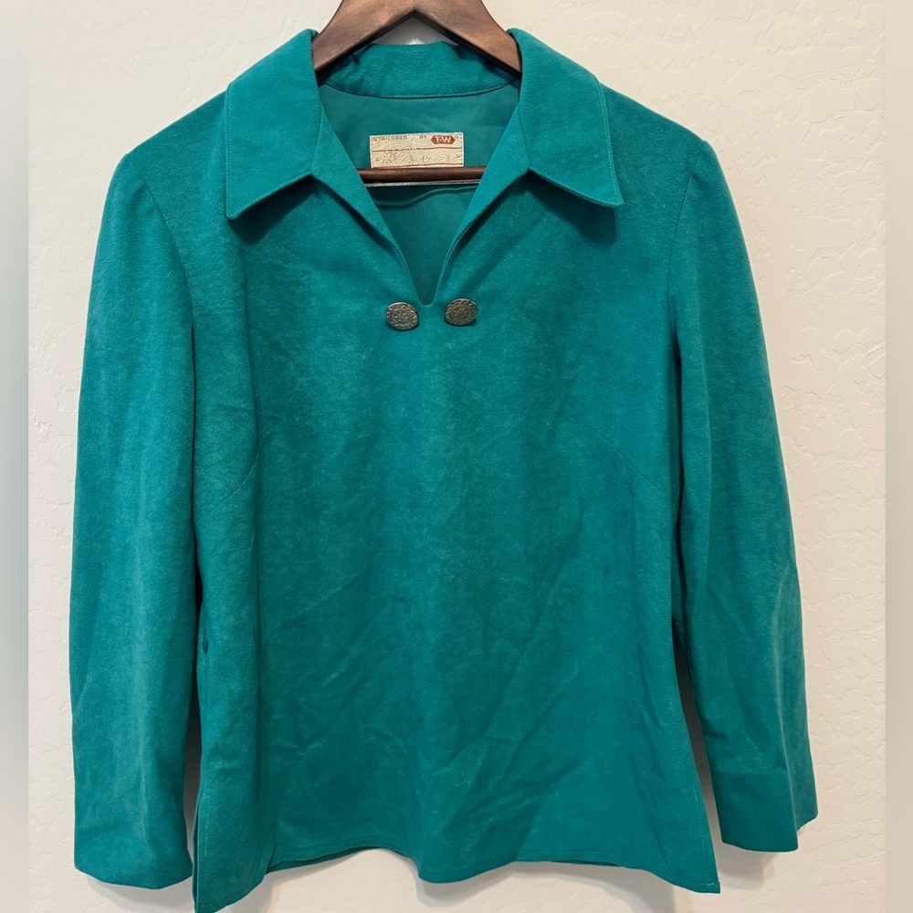 70s Vintage TREGO’S WESTWEAR Blouse, Turquoise Ultrasuede Long Sleeve